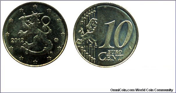 Finland, 10 cents, 2012, Cu-Al-Zn-Sn, 19.75mm, 4.1g, complete map of Europe.