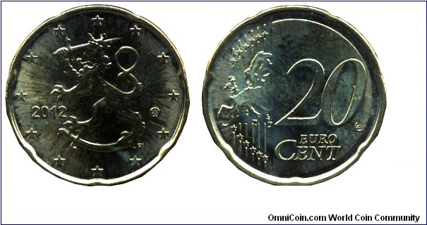 Finland, 20 cents, 2012, Cu-Al-Zn-Sn, 22.25mm, 5.74g, Complete Map of Europe.