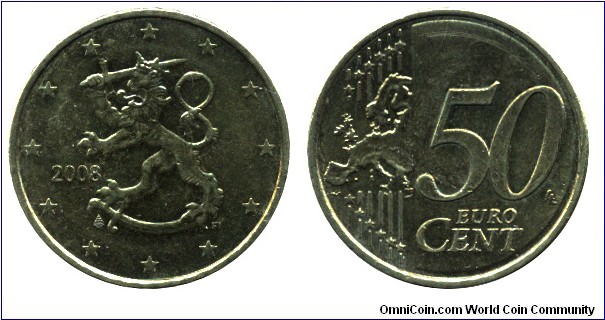 Finland, 50 cents, 2008, Cu-Al-Zn-Sn, 24.25mm, 7.8g, Complete Map of Europe.