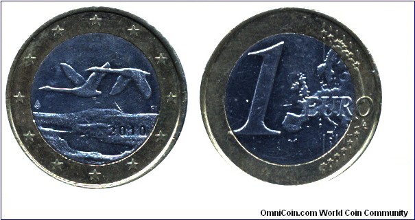 Finland, 1 euro, 2010, Ni-Brass-Cu-Ni, Bi-metallic, 23.25mm, 7.5g, Two flying swans, Complete Map of Europe.