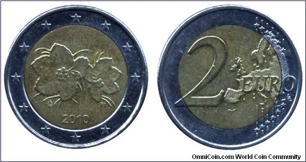 Finland, 2 euros, 2010, Cu-Ni-Ni-Brass, Bi-metallic, 25.75mm, 8.5g, Blueberry plant and flower, Complete Map of Europe.