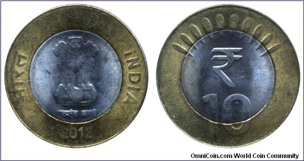 India, 10 rupees, 2012, Cu-Ni-Brass, Bi-metallic, 27mm, New Rupee Symbol, Ashoka Lions.