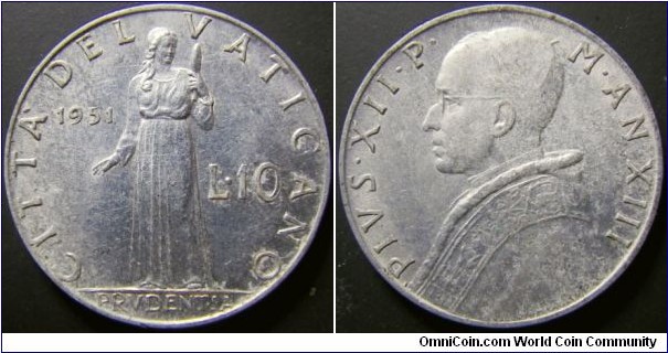 Vatican 1951 10 lira. Weight: 1.60g. 