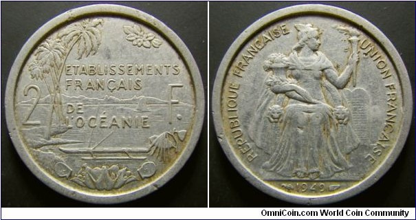 French Polynesia 1949 2 francs. Weight: 2.19g. 