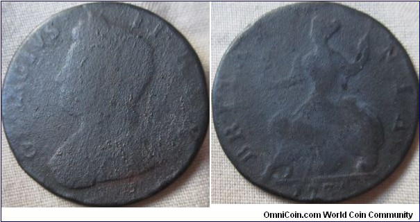 Geroge II halfpenny, quite porus and erroded, date is possibly 1735