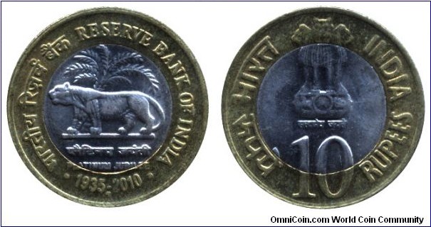 India, 10 rupees, 2010, bimetallic, Cu-Ni-Brass, 27mm, 1935-2010, Reserve Bank of India.