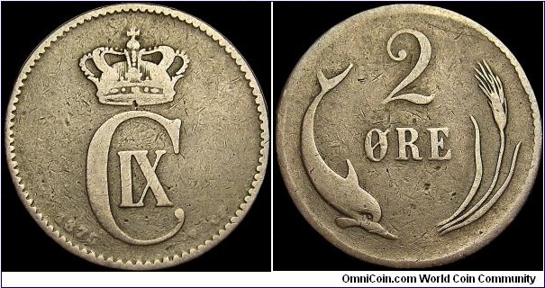 Denmark - 2 Öre - 1875 - Weight 4,0 gr - Bronze - Size 21 mm - Thickness 1,5 mm - Alignment Medal (0°) - Mint Copenhagen-Denmark - Edge : Smooth - Mintage 2 817 000 - Reference KM# 793.1 (1874-1906)