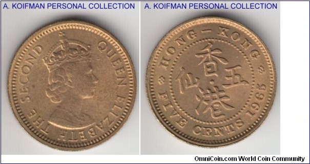 KM-29.1, Hong Kong 5 cents; nicekl-brass, reeded and security edge; toned uncirculated, few small spots.