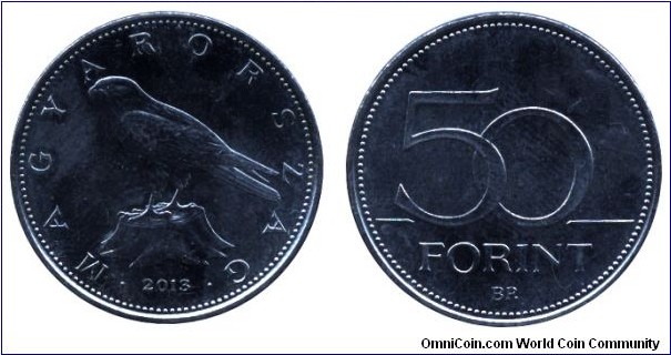 Hungary, 50 forints, 2013, Cu-Ni, 27.4mm, 7.6g, Saker falcon, new inscription: Magyarország (Hungary)