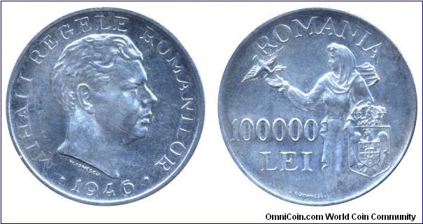 Romania, 100000 lei, 1946, Ag, 37mm, 25g, King Miahi I.