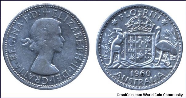 Australia, 1 florin, 1960, Ag, 28.5mm, 11.31g, Queen Elizabeth II, Coat of Arms.