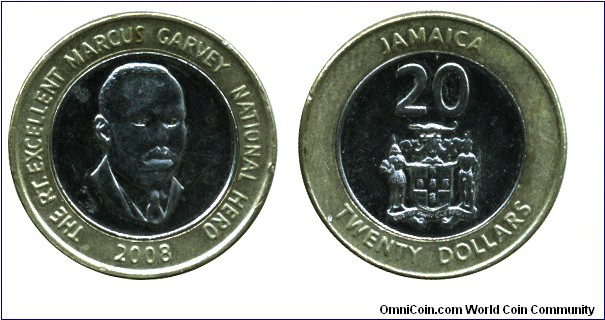 Jamaica, 20 dollars, 2008, Ni-Brass-Cu-Ni, bimetallic, 23mm, 7.8g, The Rt. Excellent Marcus Garvey, National Hero.