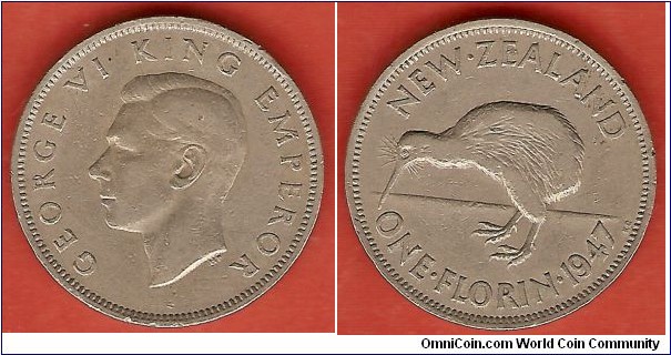 Florin 1947 / copper-nickel / 1 year issue with legend George VI King Emperor