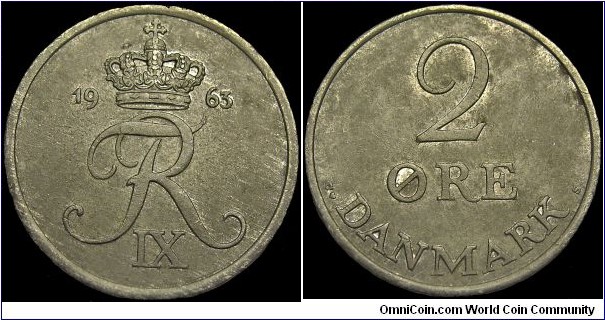 Denmark - 2 Öre - 1963 - Ruler / King Frederick IX (1947-1972) - Weight 3,2 gr - Zinc - Size 20,8 mm - Thickness 1,66 mm - Alignment Medal (0°) - Engraver Obverse / Harald Solomon - Mint Copenhagen-Denmark - Edge : Smooth - Mintage 19 470 000 - Reference KM# 840.2 (1963)
