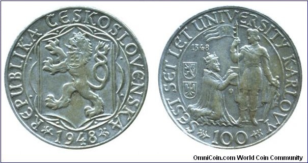 Czechoslovakia, 100 korun, 1948, Ag, 31mm, 14g, 600 years of Charles University.