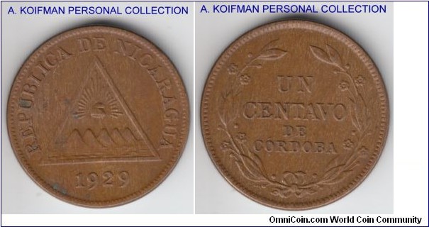 KM-11, 1929 Nicaragua centavo; bronze, plain edge; extra fine or about.