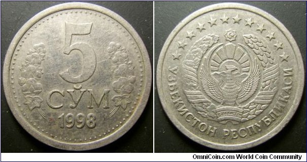 Uzbekistan 1998 5 som. Tough coin! Weight: 4.03g. 