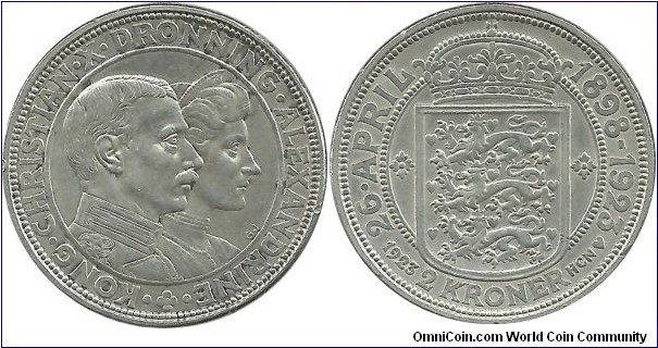 Denmark 2 Kroner 1923 - Silver Wedding Anniversary
