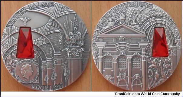 2 Dollars - Winter Palace of St Petersburg - 62.2 g Ag .999 Antique finish (with one Swarovski crystal) - mintage 666 pcs only 