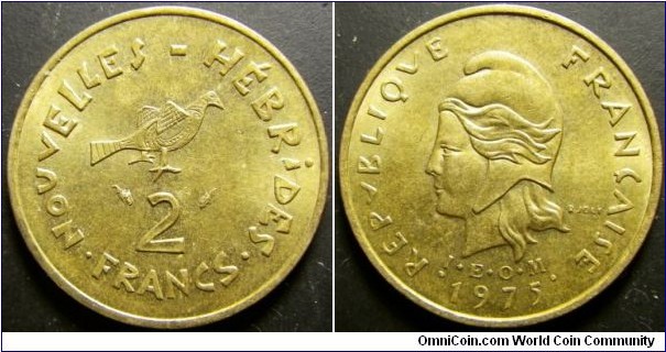 New Herbrides 1975 2 franc. Nice condition. Weight: 3.02g 
