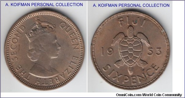 KM-19, 1953 Fiji 6 pence; copper-nickel, reeded edge; average uncirculated, toned.