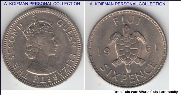 KM-19, 1961 Fiji 6 pence; copper-nickel, reeded edge; bright uncirculated.