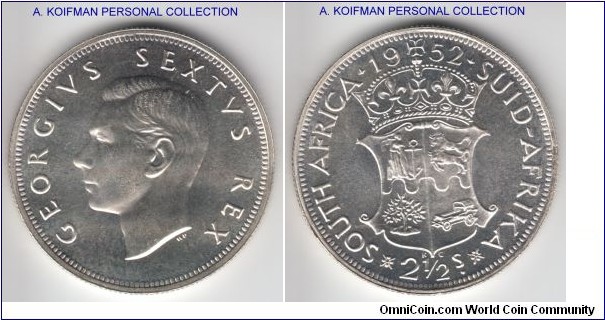 KM-39.2, 1952 South Africa (Dominion) 2 1/2 shillings; silver, reeded edge, proof; outstanding nice brilliant proof coin.