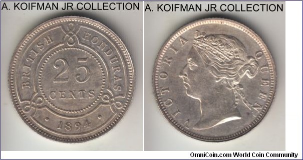 KM-9, 1894 British Honduras 25 cents; silver, reeded edge; Victoria, first year of issue for the type, typically small mintage of 48,000, uncirculated or almost, lightly cleaned.