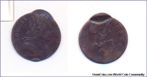 US colonial George III Farthing with indent from other planchet