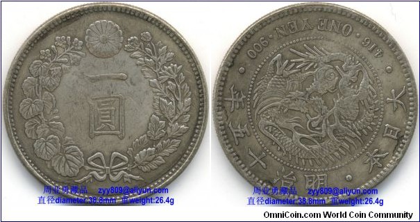 1882 Japan’s 1 Yen Dragon Silver Coin. Obverse: [Kanji or Japanese ideograph] One Yen, circled with a wreath of sakura or Japanese cherry); Reverse: 416. ONE YEN. 900 /[Kanji or Japanese ideograph] 15th Year of Meiji. Japan. -spiral on pearl with a dragon in curling in clockwise direction from the center.大日本明治十五年一圆银币