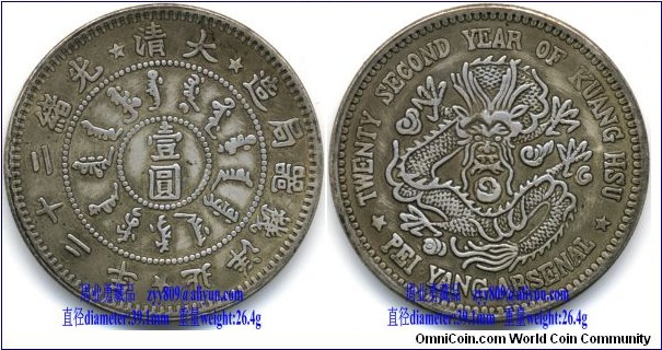 1896 China's Ching Dynasty Silver Dollar Coin minted by Pei Yang Arsenal in Ta Tsing 22nd Year of Kwang Hsu. Obverse: value in Chinese characters “壹圆” (one yuan) in central circle, encircled with “大清光绪二十二年北洋机器局造” and some Manchu script. ( meaning Pei Yang Arsenal in Twenty-second Year of Kuang Hsu); Reverse: dragon seated with English TWENTY SECOND YEAR OF KUANG HSU; PEI YANG ARSENAL.1896年大清光绪二十二年北洋机器局造壹圆银币