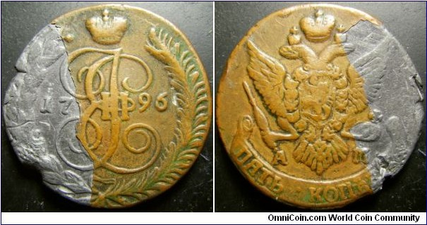 Russia 1796 AM 5 kopek. Contemporary counterfeit - copper plated lead coin! Pretty bizarre. Weight: 53.80g. 