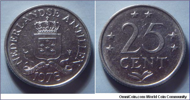 Netherlands Antilles | 
25 Cent, 1978 | 
20 mm, 3.5 gr. | 
Nickel | 

Obverse: National Coat of Arms, date below | 
Lettering: NEDERLANDSE ANTILLEN 1978 | 

Reverse: Six stars representing the six islands federation, denomination centre | 
Lettering: ** ** ** 25 CENT |