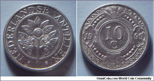 Netherlands Antilles | 
10 Cent, 1999 | 
14 mm, 0.7 gr. | 
Nickel bonded Steel | 

Obverse: Orange blossom | 
Lettering: NEDERLANDSE ANTILLEN | 

Reverse: Denomination in centre divides date | 
Lettering: 10 C 1999 |