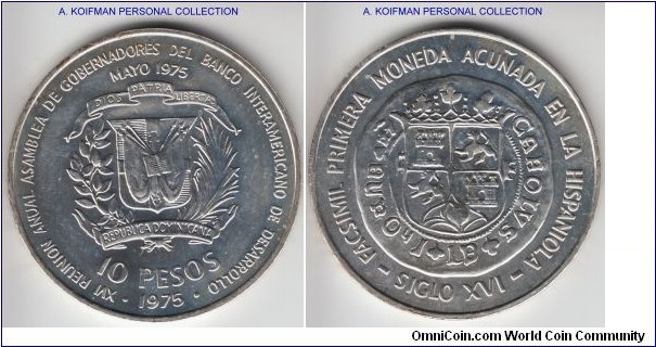 KM-37, 1975 Dominican Republic 10 pesos; silver, lettered edge; International Bankers' Conference - First Hispaniola Coinage of Carlos and Johanna. either proof like or proof. 