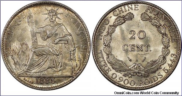 French Indochina, 20 Cents, Paris mint. PCGS MS63.