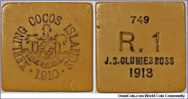 Keeling Cocos Islands, John Clunies Ross Plantation. 1 Rupee, 1913. Arms, KEELING COCOS ISLANDS .1910. Rv. Serial #749, value as R.1/ J.S. CLUNIES ROSS, 1913. KM Tn5. Square 