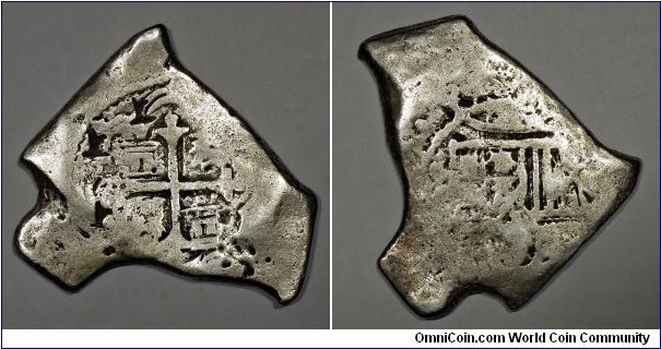 Qing dynasty Kangxi era foreign circulated coin in China. Spanish colonial, Mexico, Charles II, Silver cob 8 Reales, ca. 1665~1700. Earlier Chinese chopmarks type 