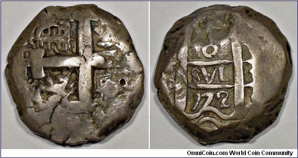 Spanish colonial, Bolivia, Potosi, Charles III, silver cob 8 reales, 1772 AD. 26.67g, 29.47mm~29.86mm, 91.7% silver. Mint: P. Assayer: V/Y.