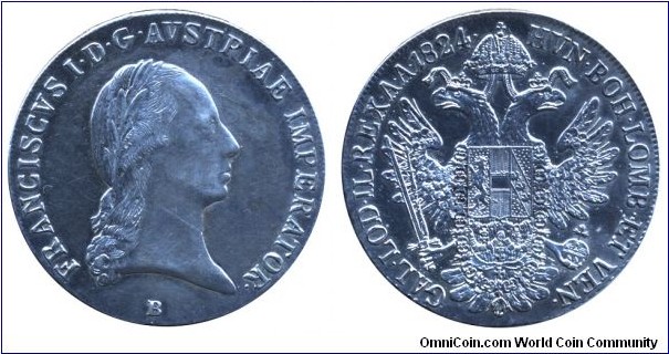 Austria, 1 thaler, 1824, Ag, 40mm, 28.06g, Mint Mark: B (Körmöcbánya - Kremnitz), Emperor Franz I.