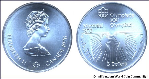 Canada, 5 dollars, 1976, Ag, 38mm, 24.3g, Queen Elizabeth II, 1976 Montreal Olympics, Boxers.