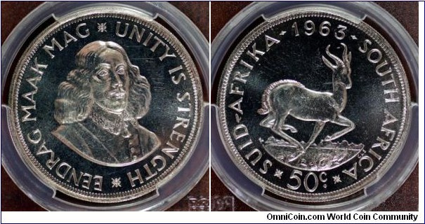 KM-62, 1963 South Africa (Republic) 50 cents; proof, silver, reeded edge; bright and nice, PCGS graded PR66.