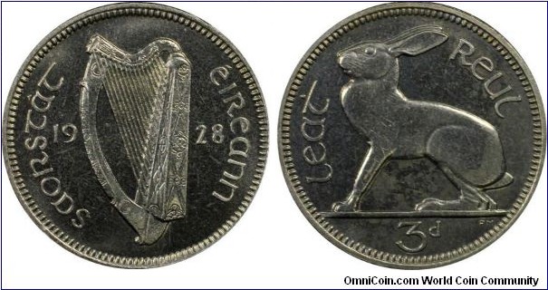 KM-4, 1928 Ireland 3 pence, proof; nickel, plain edge; brilliant, PCGS graded PR65.