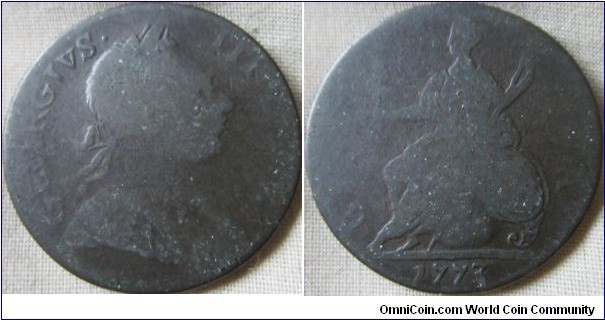 1773 halfpenny, contemporary counterfeit  
