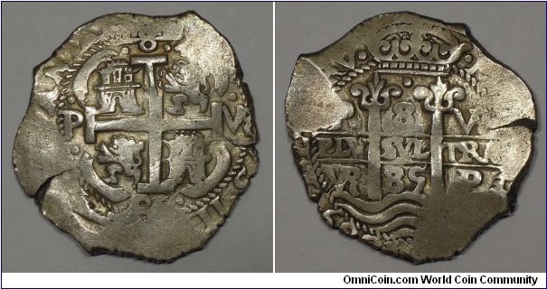 Spanish colonial, Bolivia, Charles II, silver cob 8 Reales, 1685 AD, Potosi P mint mark, Assayer: VR. 
