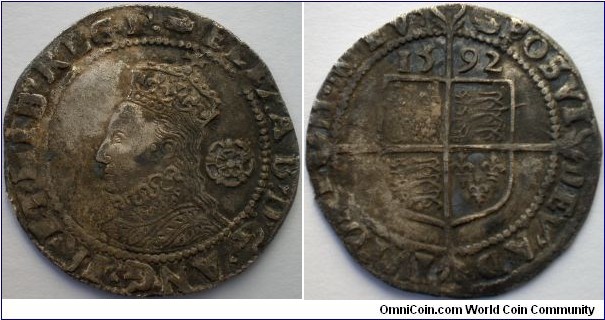 Elizabeth I 1592 Sixpence mm hand P over P possibly over a 2 in POSVI