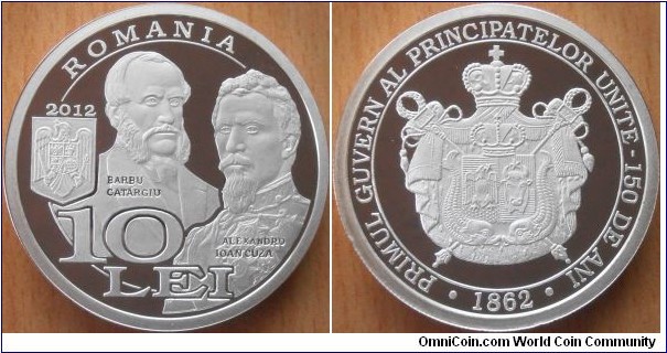 10 Lei - 150 years of unification of political institutions Catargiu/Cuza - 31.1 g 0.999 silver Proof - mintage 500 pcs only