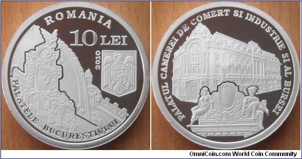 10 Lei - Palace of the chamber of commerce and industry - 31.1 g 0.999 silver Proof - mintage 500 pcs only