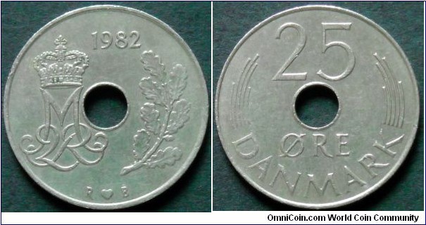 Denmark 25 ore.
1982 R/B.
Cu-ni.
Weight; 4,3g.
Diameter; 23mm.
Mintage: 24.671.000 pieces.