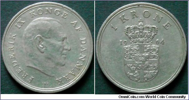 Denmark 1 krone.
1964 C/S,
Cu-ni. Weight; 6,8g.
Diameter; 25,5mm.
Mintage: 5.984.000 pieces.
